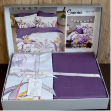 Луксозен спален комплект с дигитален принт от памучен сатен - Палмова градина - Лила
