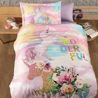Луксозен спален комплект с дигитален принт от памучен сатен - Пони