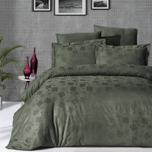 Луксозен спален комплект от жакард сатен, Детелина - Тъмно зелен