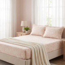 Спален комплект чаршафи с ластик от 3 части, Флори - Крем