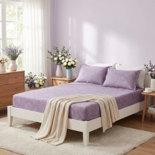 Спален комплект чаршафи с ластик от 3 части, Флори - Лила