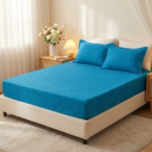 Спален комплект чаршафи с ластик от 3 части, Флори - Син