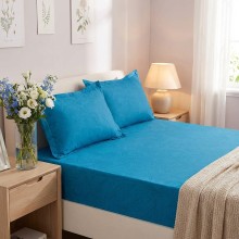 Спален комплект чаршафи с ластик от 3 части, Флори - Син