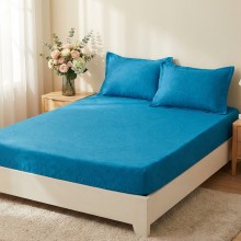 Спален комплект чаршафи с ластик от 3 части, Флори - Син