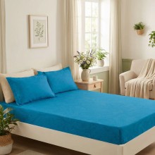 Спален комплект чаршафи с ластик от 3 части, Флори - Син