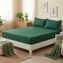 Спален комплект чаршафи с ластик от 3 части, Флори - Зелен