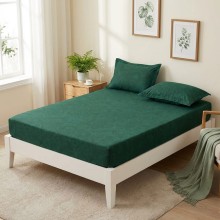 Спален комплект чаршафи с ластик от 3 части, Флори - Зелен