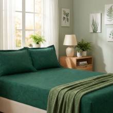Спален комплект чаршафи с ластик от 3 части, Флори - Зелен
