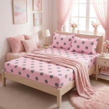 Спален комплект чаршафи с ластик от 3 части, Точица - Розов