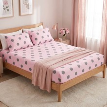 Спален комплект чаршафи с ластик от 3 части, Точица - Розов