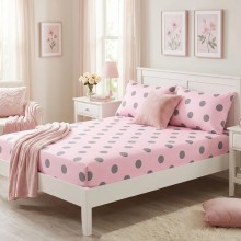Спален комплект чаршафи с ластик от 3 части, Точица - Розов