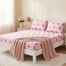 Спален комплект чаршафи с ластик от 3 части, Точица - Розов