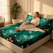 Спален комплект чаршафи с ластик от 3 части, Водна градина