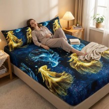 Спален комплект чаршафи с ластик от 3 части, Аквариум