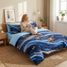 5D спален комплект чаршафи- Морско дъно, от 6 части с ластик