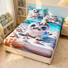 Спален комплект чаршафи с ластик от 3 части, Тюленче