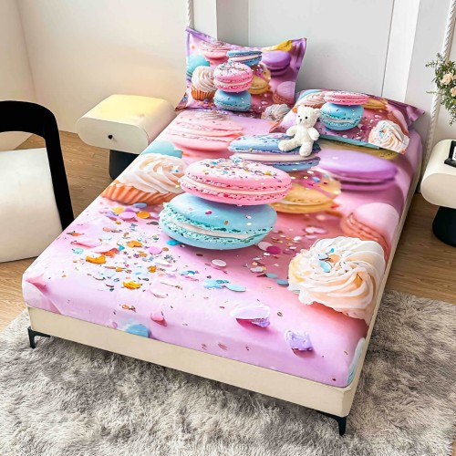 Спален комплект чаршафи с ластик от 3 части, Макарон