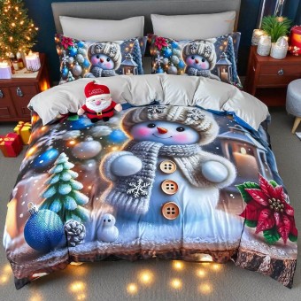 Коледен спален комплект чаршафи - Снежен Уют, от 6 части с ластик