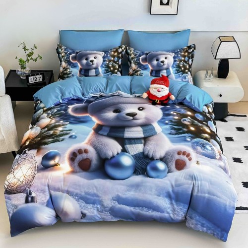 Коледен спален комплект чаршафи - Меченце, от 6 части с ластик