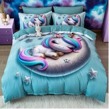 5D спален комплект чаршафи - Еднорог, от 6 части с ластик 5D спален комплект чаршафи - Еднорог, от 6 части с ластик