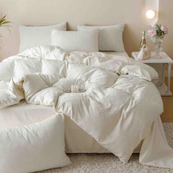 Луксозен спален комплект чаршафи от 6 части, Жакард - Крем