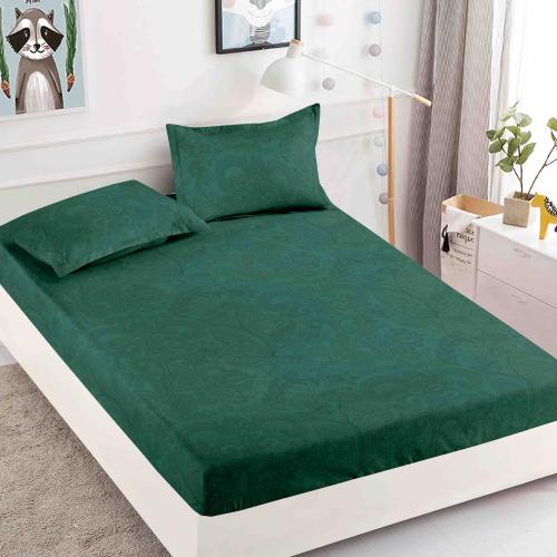 Спален комплект чаршафи с ластик, 100% памук от 3 части, Флори - Зелен
