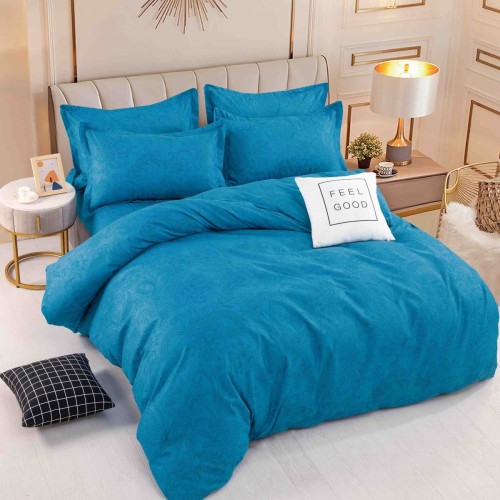 Комплект чаршафи за единично легло, 100% памук, от 4 части, Флори - Син