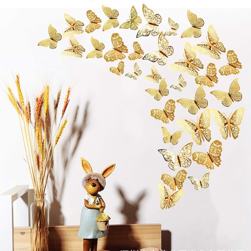 Комплект самозалепващи 3D пеперудки, Златисти - 12 бр.