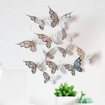 Комплект самозалепващи 3D пеперудки, Сребристи - 12 бр.