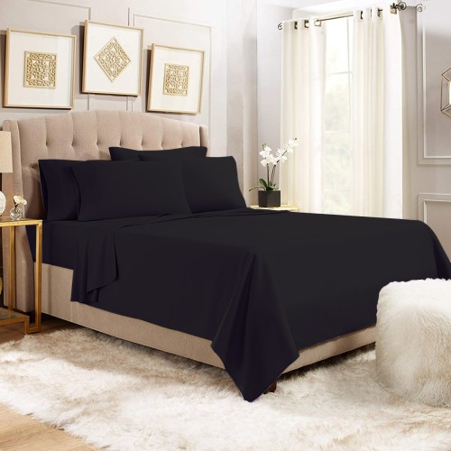 Едноцветен спален комплект чаршафи с ластик, 100% памук от 3 части, Черен